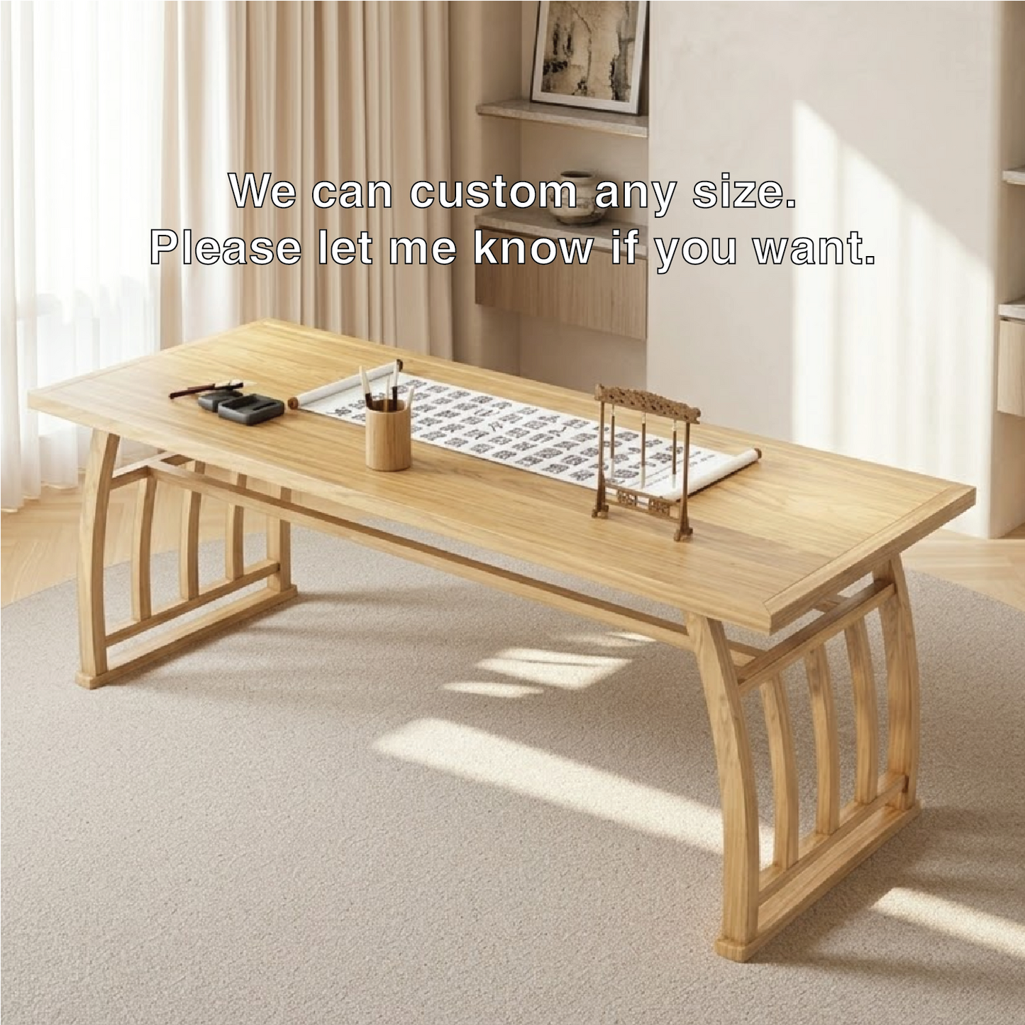 Minimalist Writing Desk, Curved Frame Contemporary Japanese Long Home Office Workspace Table