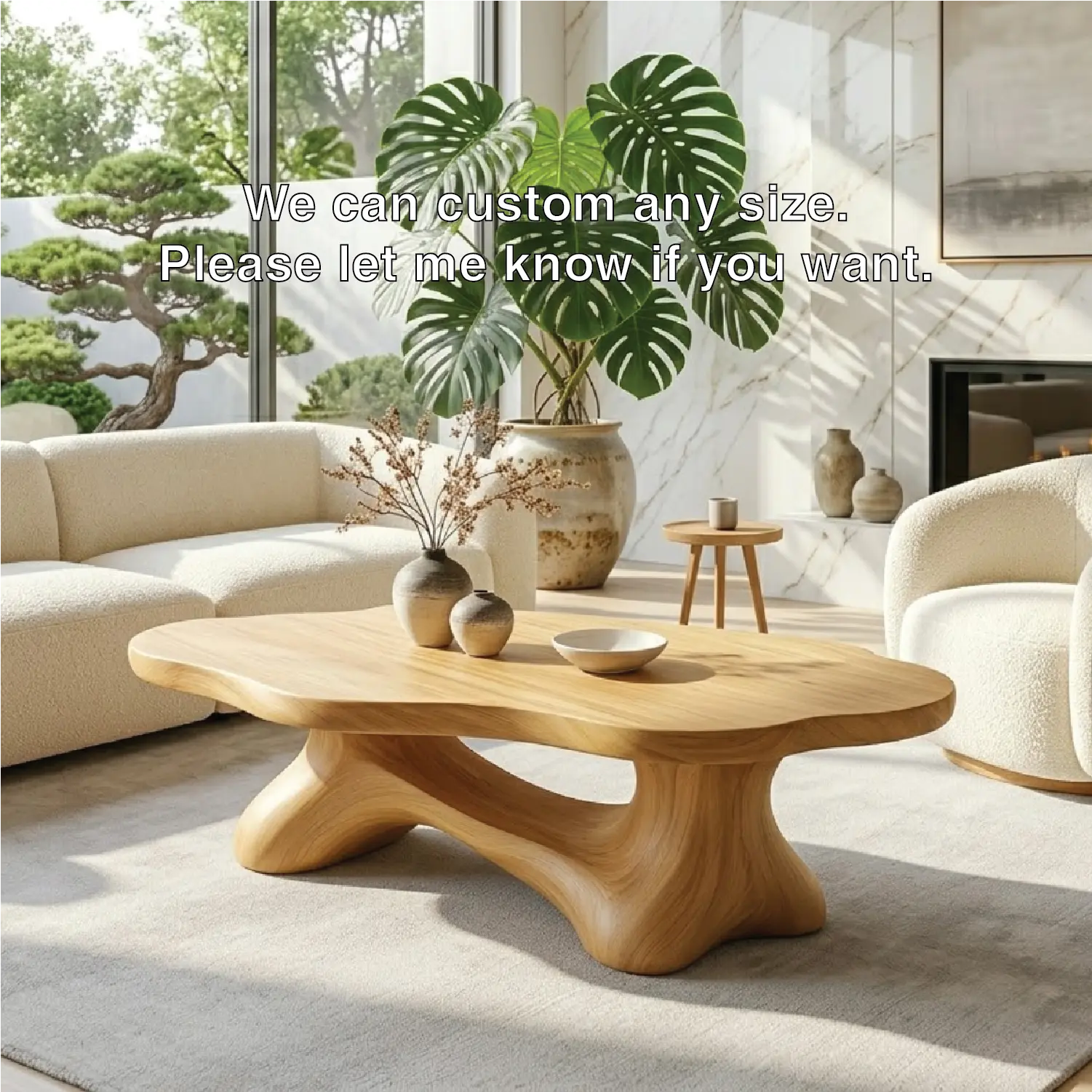 Solid Wood Sculptural Coffee Table with Organic Carved Base, Modern Designer Living Room Table Kitchnce