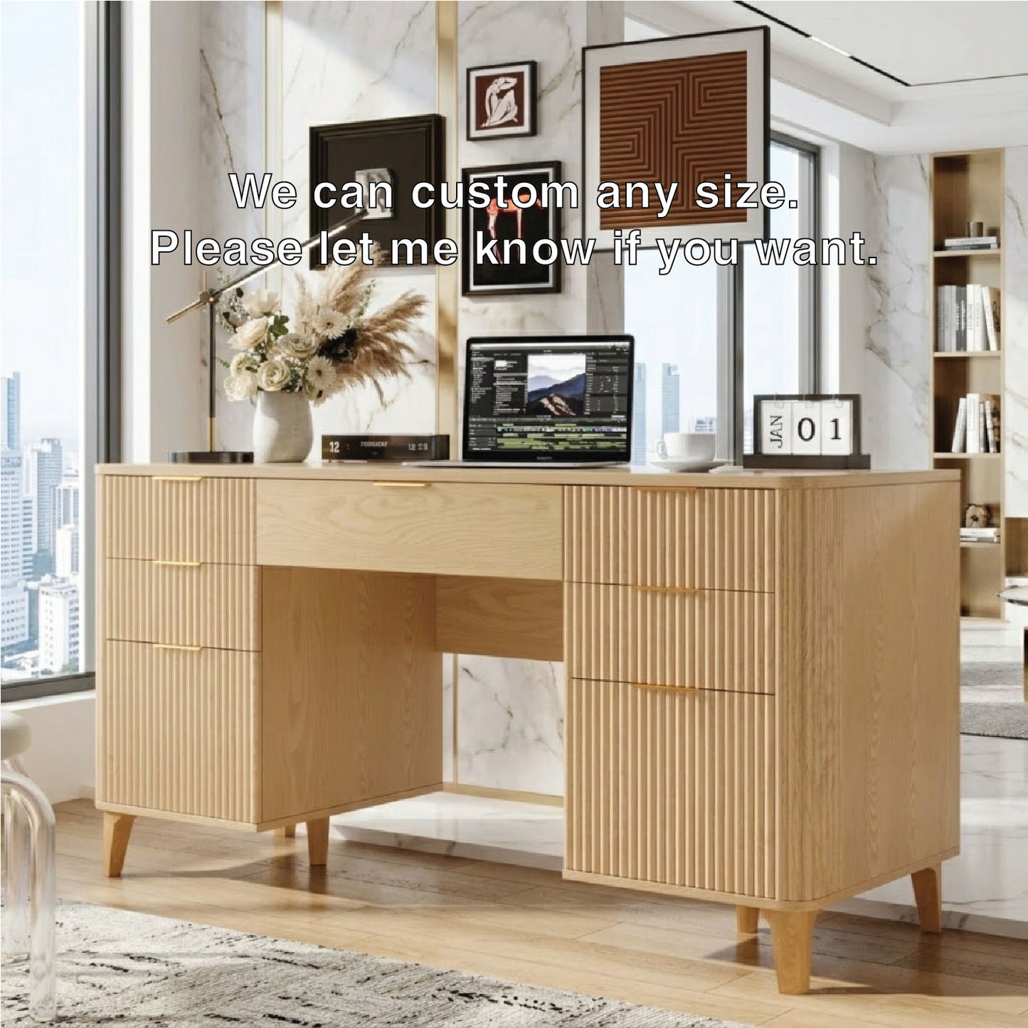 Modern Fluted Executive Desk with Drawers, Large Minimalist Home Office Writing Table