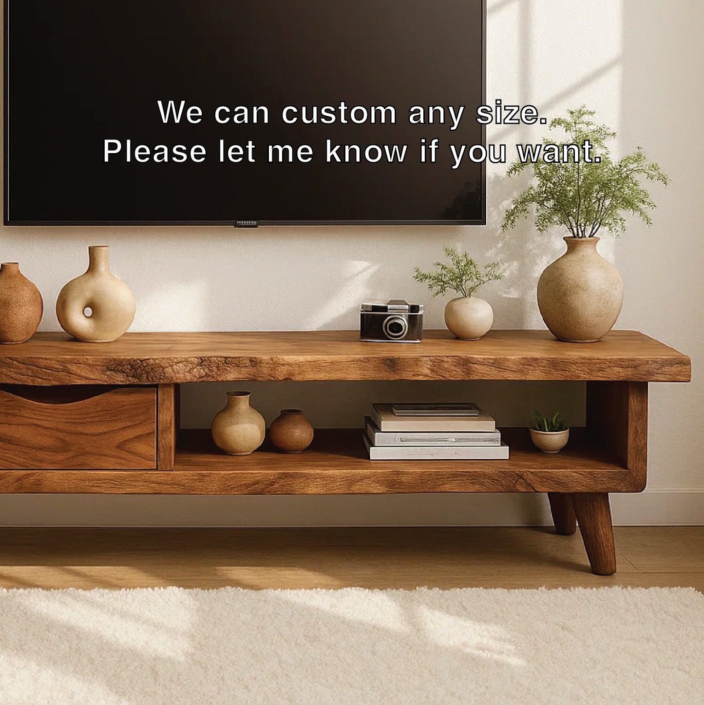 Handcrafted Solid Wood TV Stand with Drawer and Open Shelf, Mid Century Modern Media Console Kitchnce