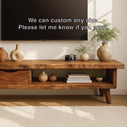 Handcrafted Solid Wood TV Stand with Drawer and Open Shelf, Mid Century Modern Media Console Kitchnce