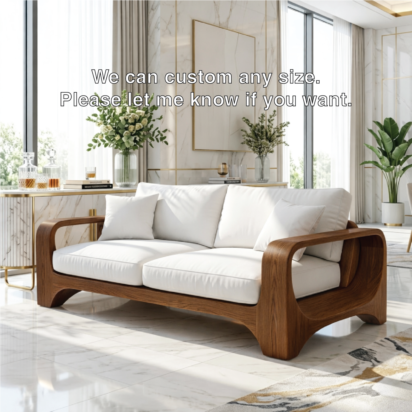 Modern Minimalist Solid Wood Sofa with White Fabric Cushions Zen Style Living Couch