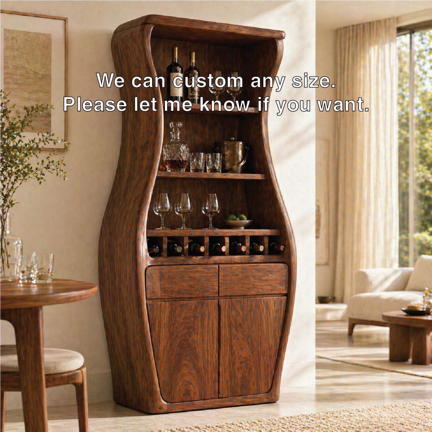 Sculptural Tall Wine Cabinet Bar Storage Bottle Rack Shelves Drawer Organizer