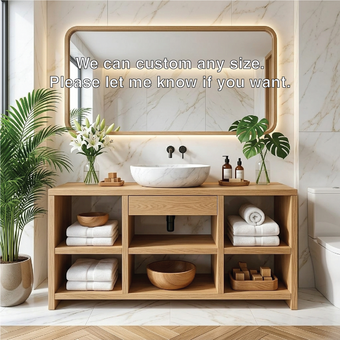 Contemporary Oak Bathroom Vanity with White Marble Sink & Open Shelving Kitchnce