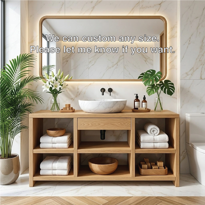 Contemporary Oak Bathroom Vanity with White Marble Sink & Open Shelving Kitchnce