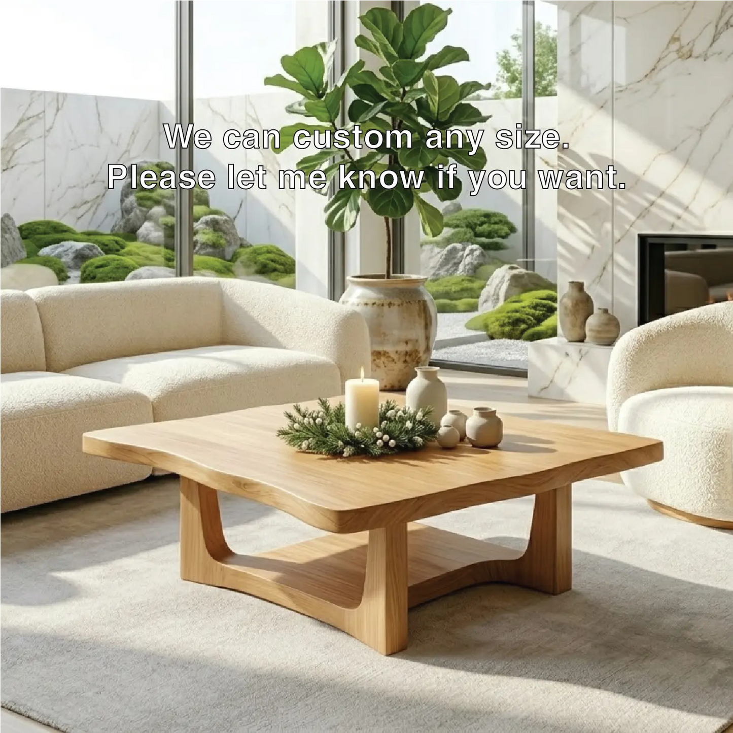 Solid Oak Coffee Table with Curved Edges and Open Base, Modern Japanese Style Living Room Table Kitchnce