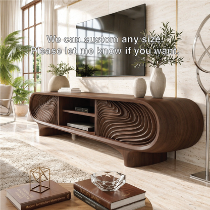 Sculptural Curved TV Console, Modern Carved Media Cabinet for Luxury Interiors
