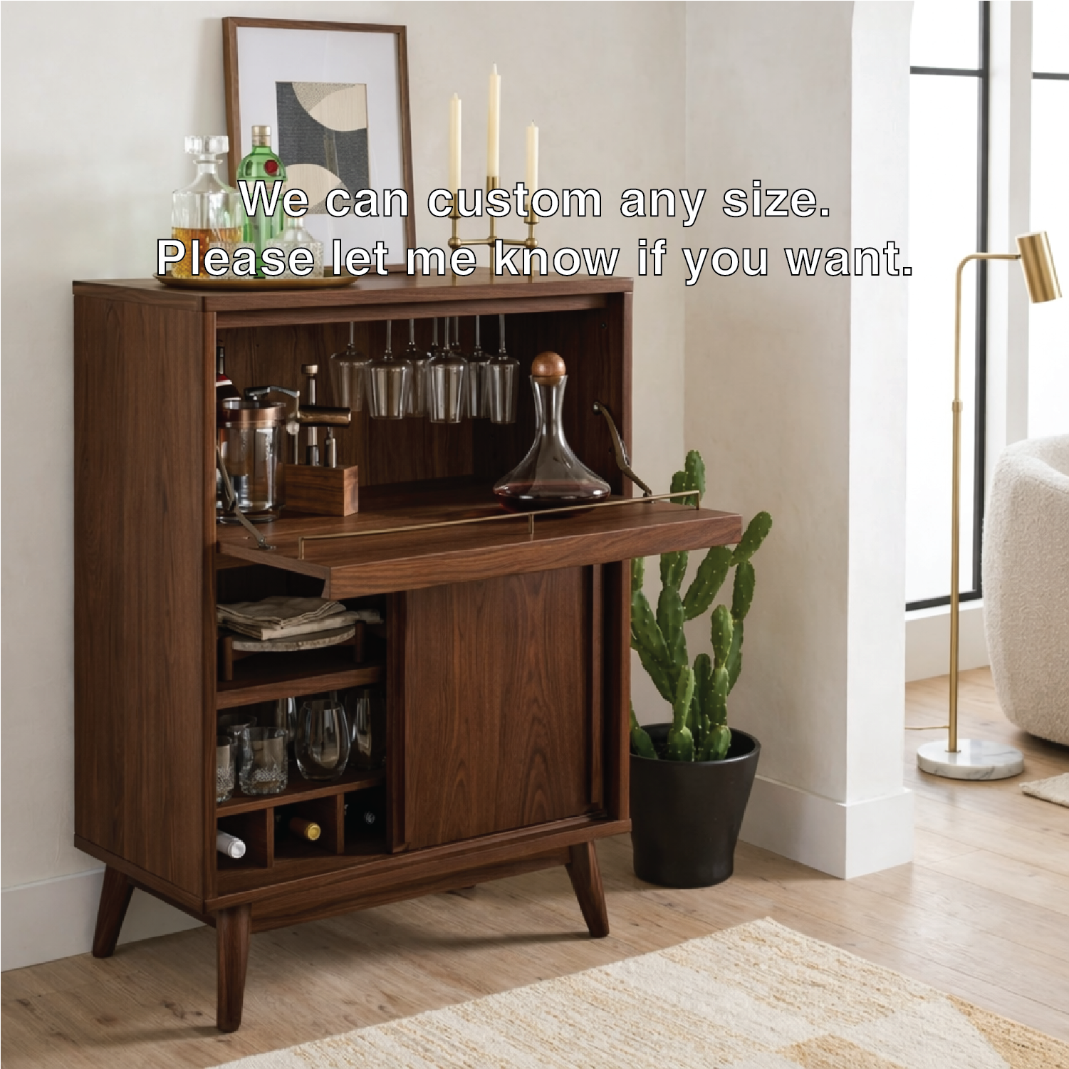 Contemporary Wooden Bar Cabinet, Entertaining Console with Glassware Storage Rack