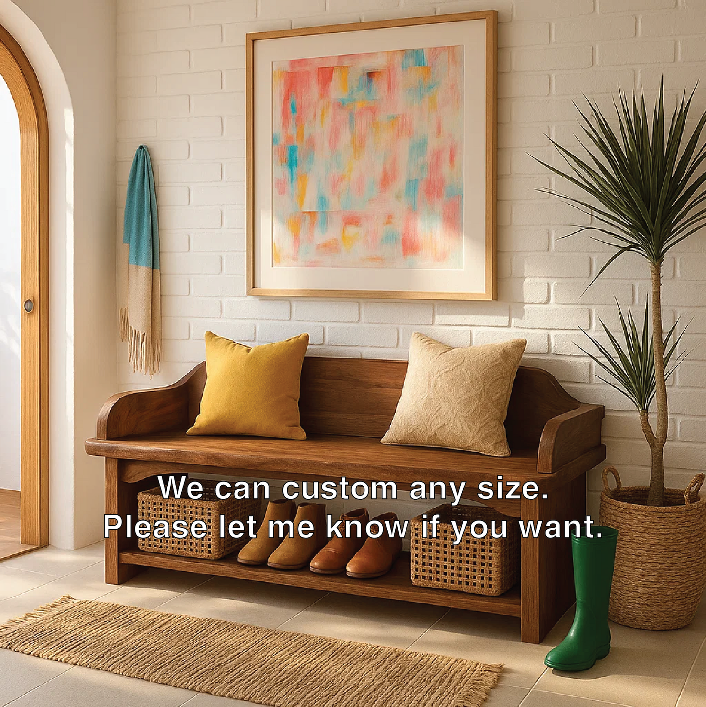 Solid Wood Entryway Bench with Armrests and Shoe Shelf Storage