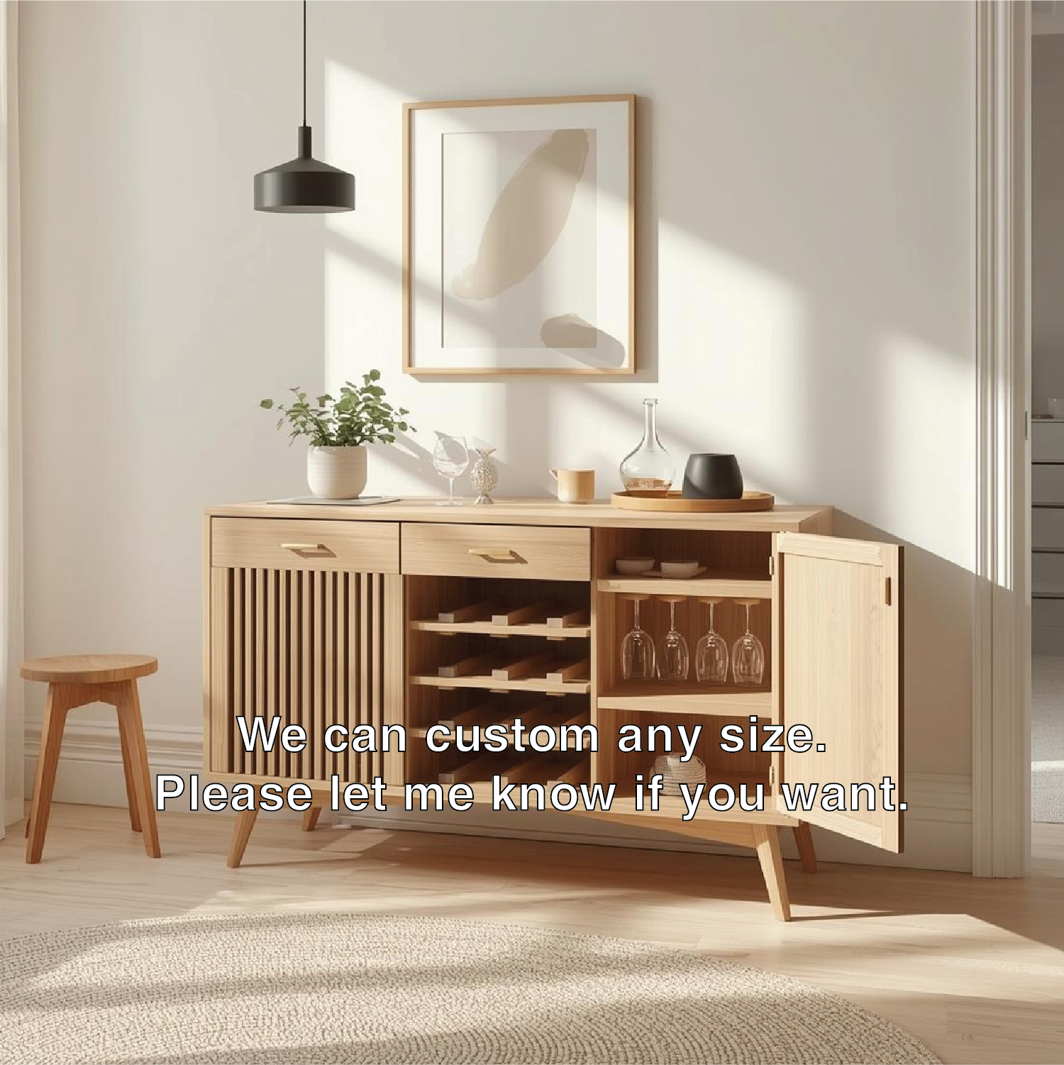 Mid Century Solid Wood Wine Cabinet with Fluted Door and Bottle Storage