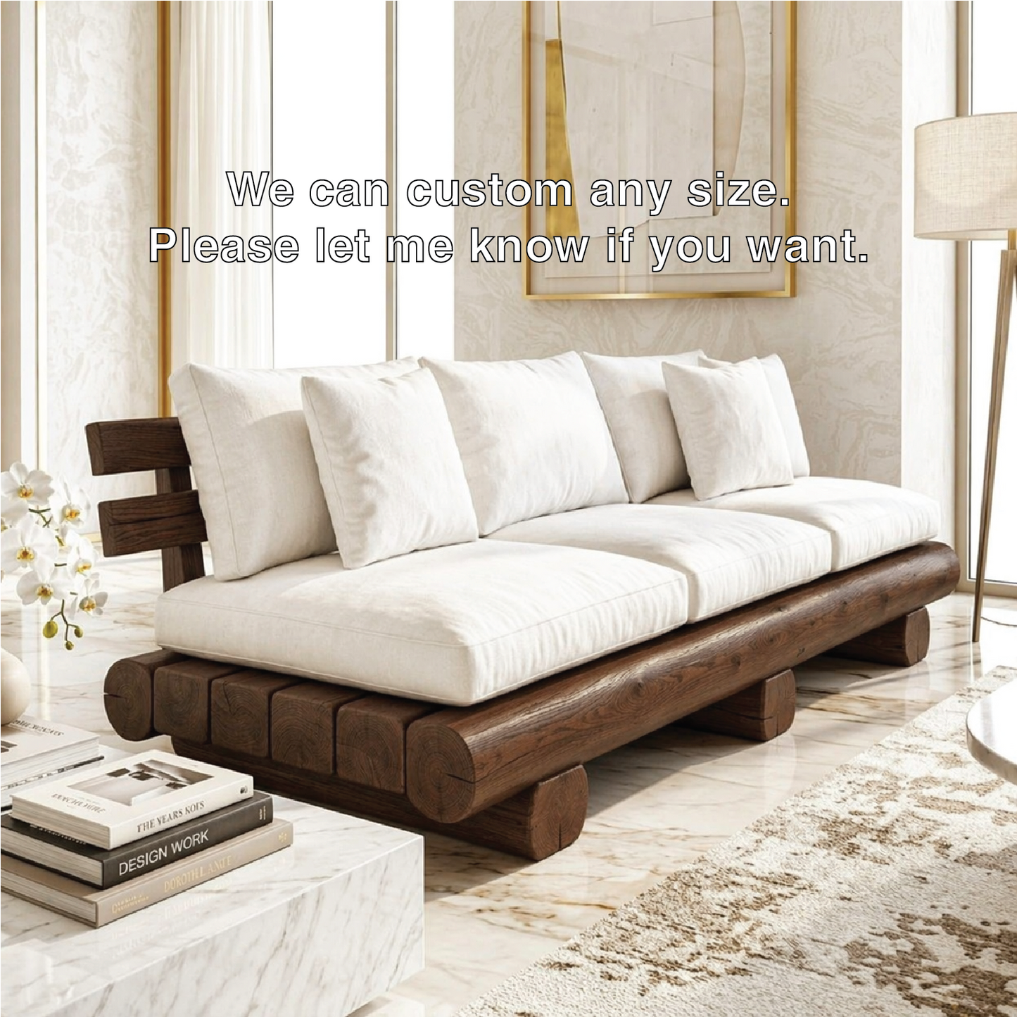 Modern Rustic Wooden Sofa, Minimalist Contemporary Lounge with Oversized Cream Cushions