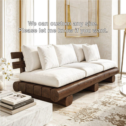 Modern Rustic Wooden Sofa, Minimalist Contemporary Lounge with Oversized Cream Cushions