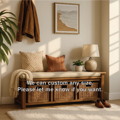 Solid Wood Entryway Bench with Woven Basket Storage, Rustic Hallway Organizer