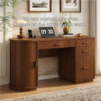Modern Fluted Executive Desk with Drawers, Curved Cabinet Home Office Writing Table