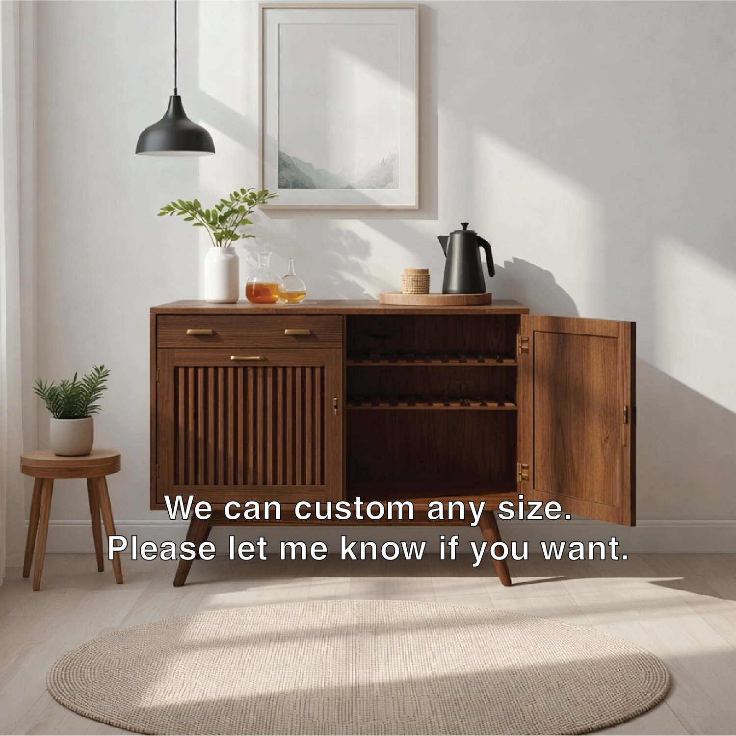 Mid Century Solid Wood Wine Cabinet with Sliding Door and Bottle Rack Storage