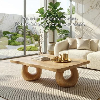 Solid Wood Sculptural Coffee Table with Round Carved Base, Modern Designer Living Room Table Kitchnce