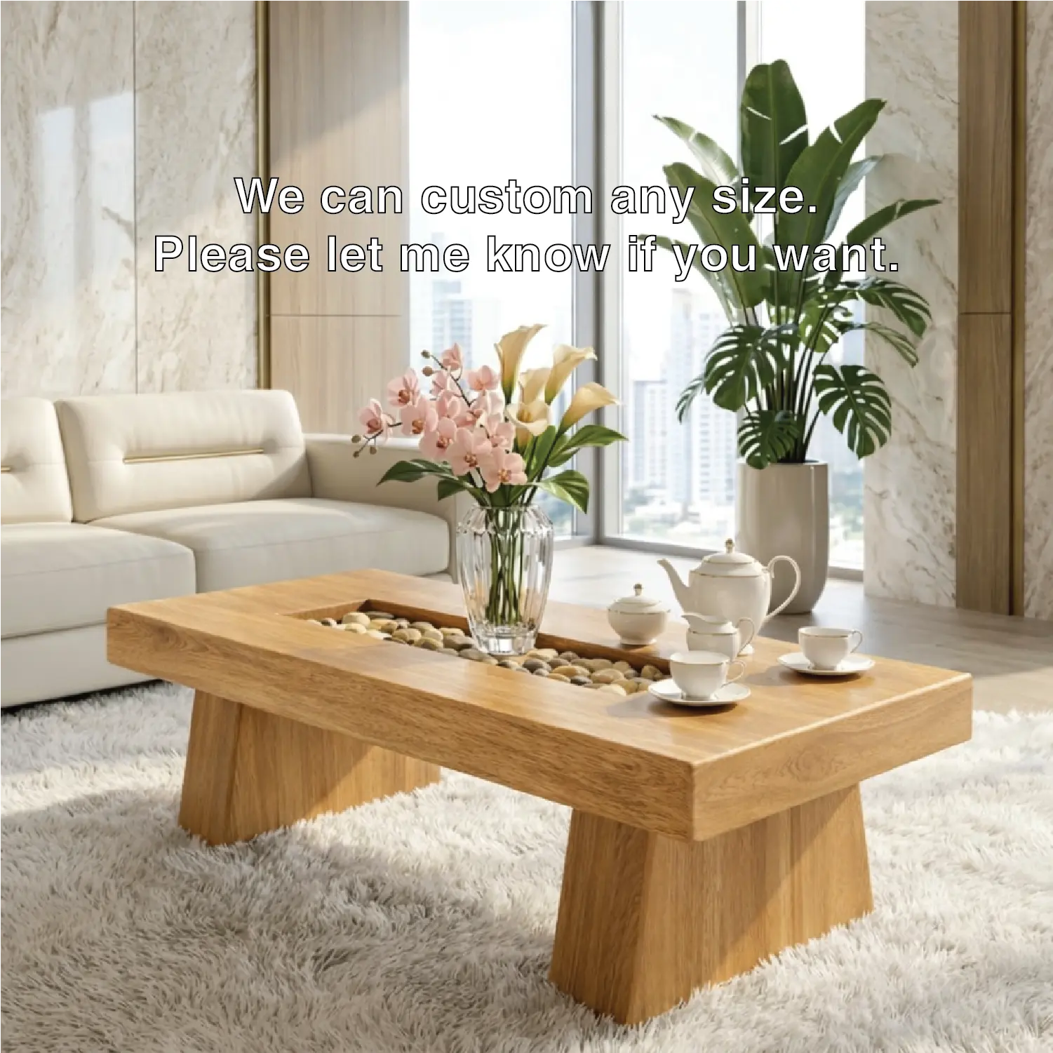 Rustic Wooden Coffee Table with Stone Inlay, Handmade Living Room Furniture Kitchnce