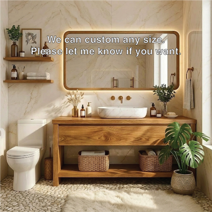 Elegant Oak Bathroom Vanity with Marble Sink & Open Shelves, Modern Design Kitchnce