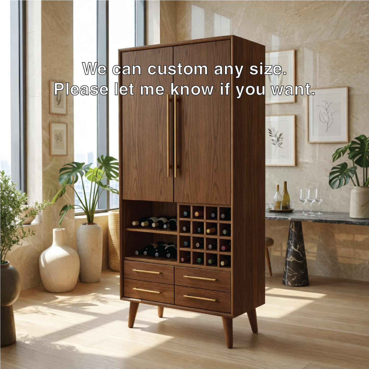 Modern Wine Cabinet with Bottle Rack, Drawers and Tall Concealed Bar Storage