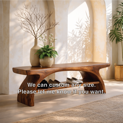 Sculptural Solid Wood Entryway Bench with Open Shoe Shelf