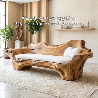Modern Organic Sculptural Wooden Sofa, Handmade Statement Couch with Cream Cushion
