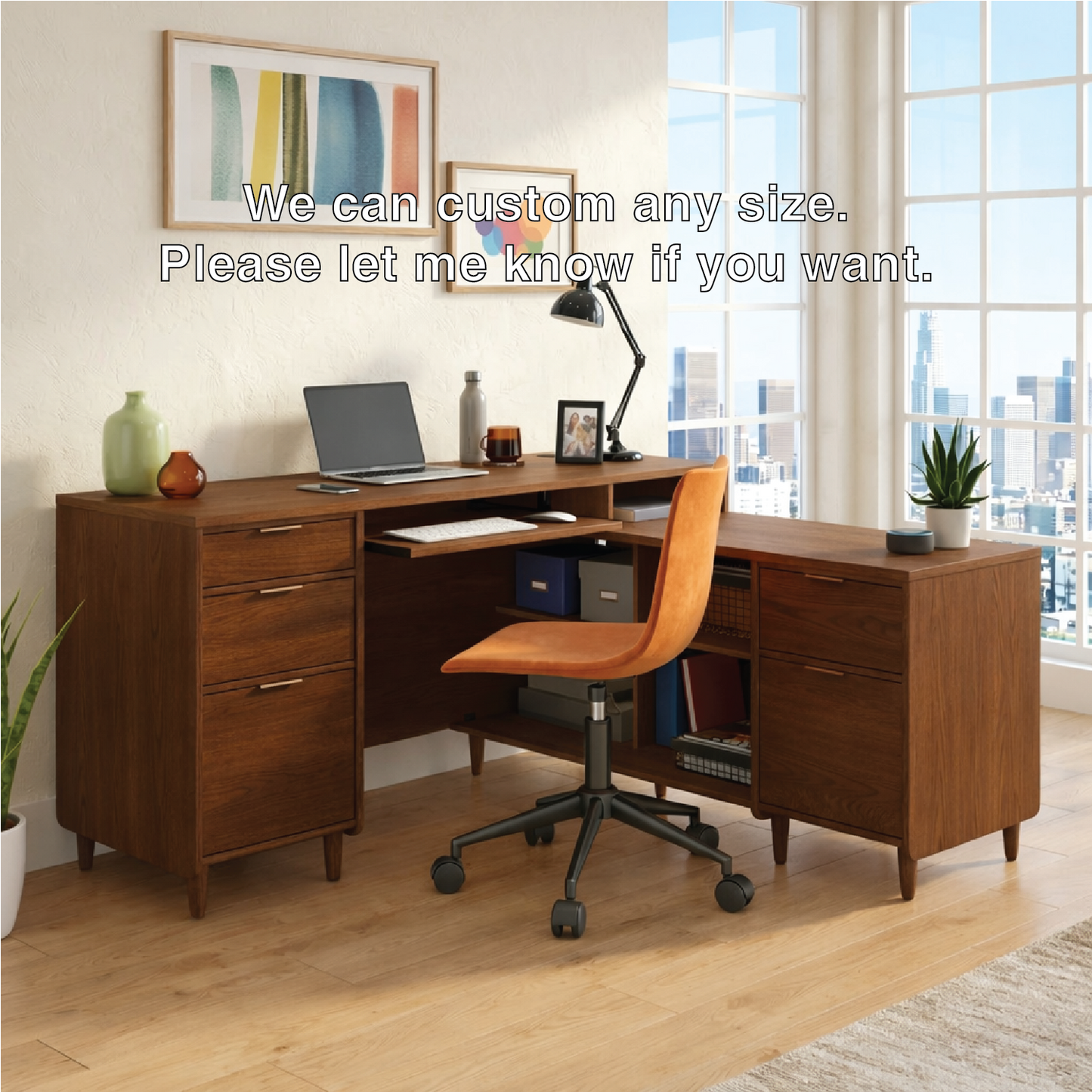 Modern L Shaped Executive Desk with Drawers, Corner Home Office Writing Table