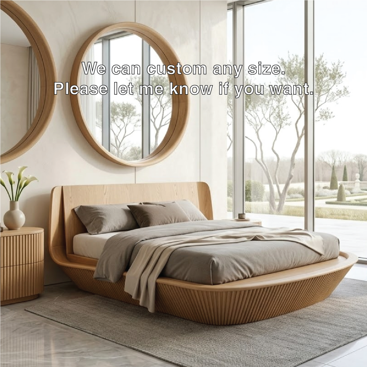 Modern Wooden Bed Frame with Curved Headboard and Low Profile Platform Style