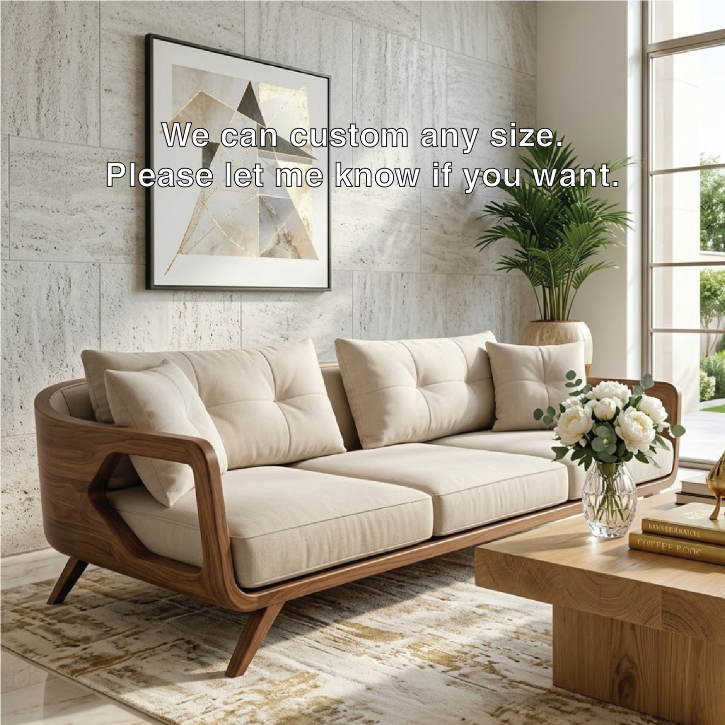 Modern Curved Solid Wood Sofa with Beige Tufted Cushions Luxury Scandi Couch