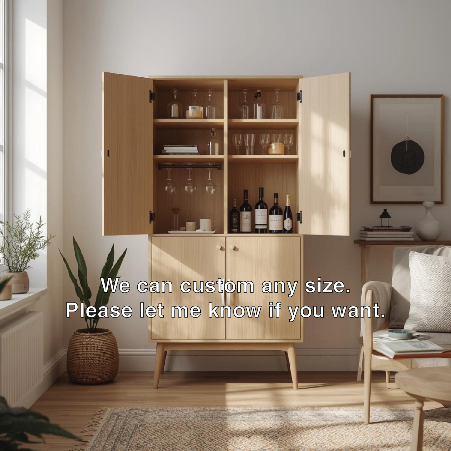 Handcrafted Solid Wood Wine Cabinet Scandinavian Style Bar Storage with Glass Rack