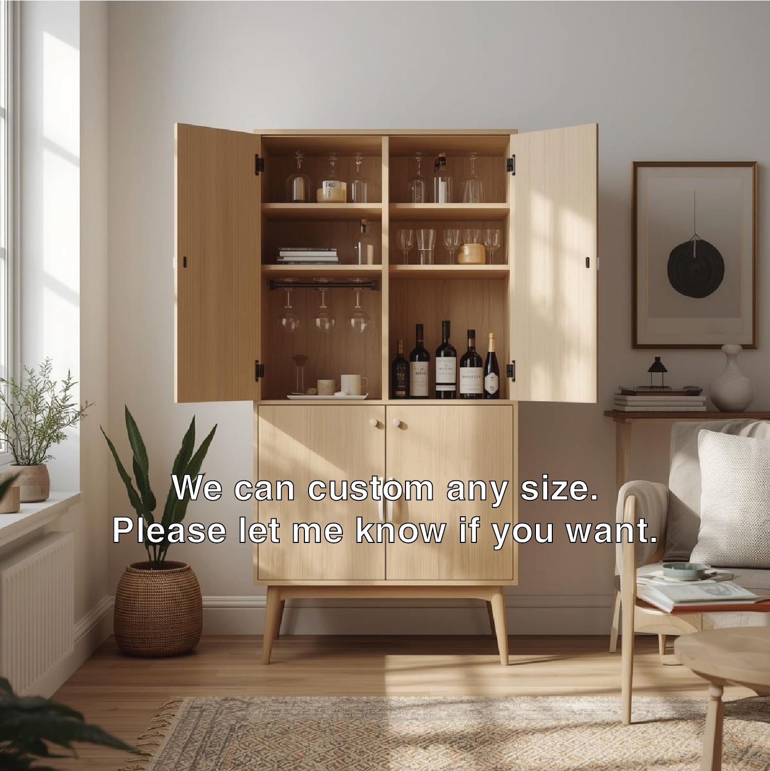 Handcrafted Solid Wood Wine Cabinet Scandinavian Style Bar Storage with Glass Rack