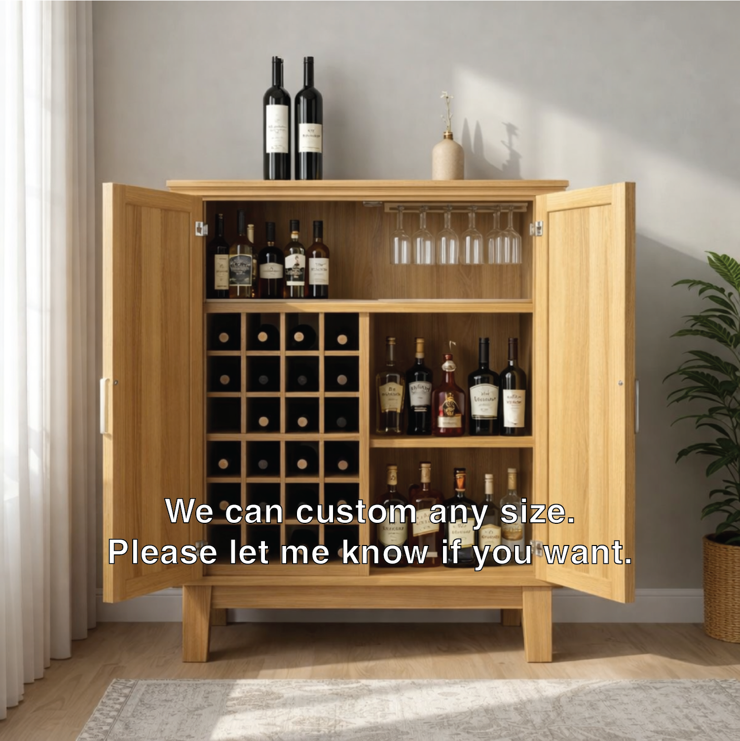 Solid Wood Wine Cabinet with Double Doors and Grid Bottle Storage