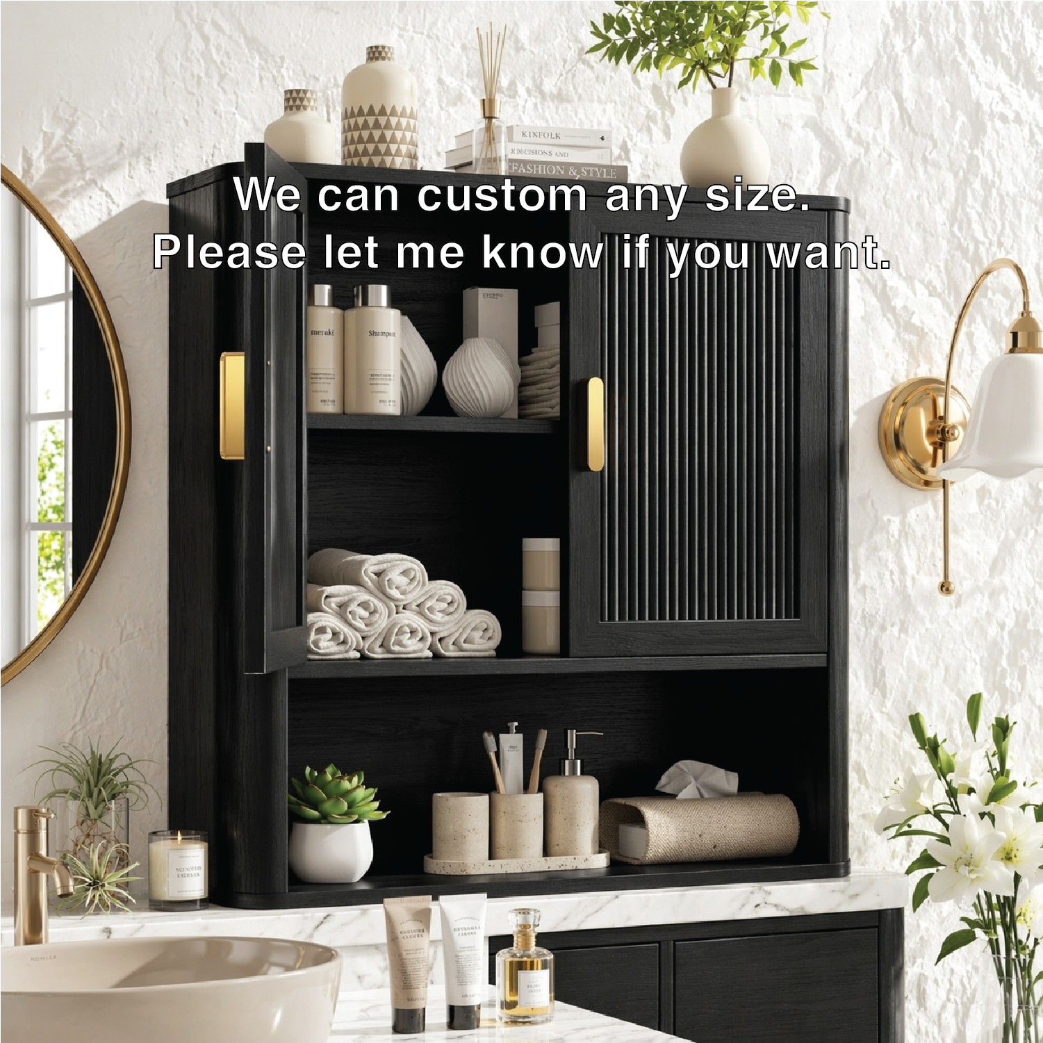 Floating Bathroom Cabinet, Modern Fluted Wall Mounted Vanity Storage Organizer Unit