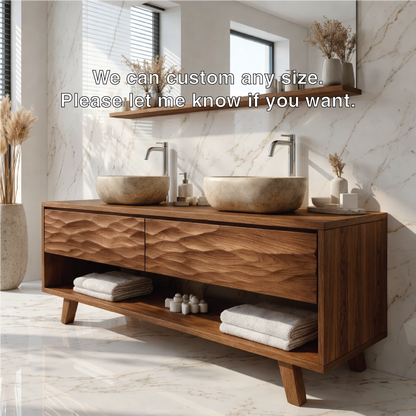 Modern Solid Wood Double Bathroom Vanity with Textured Front and Open Shelf Storage
