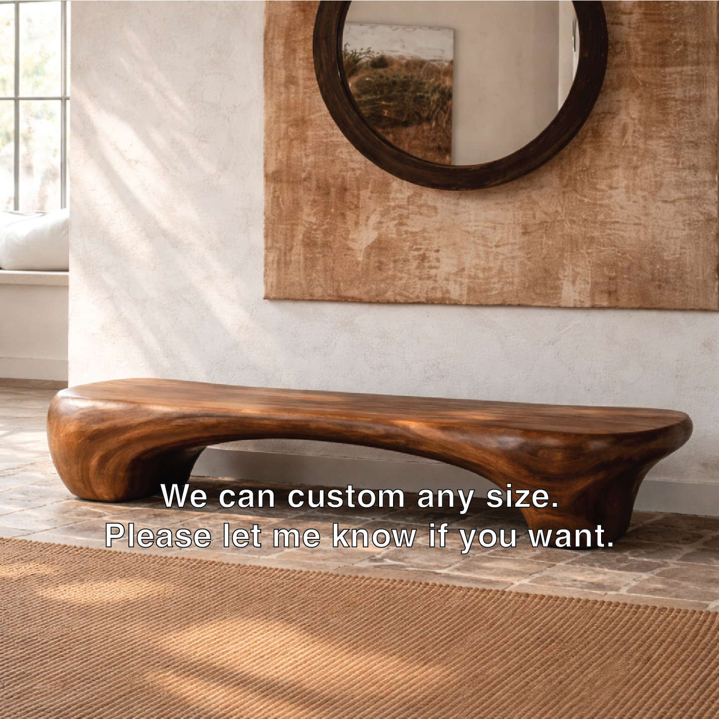 Organic Sculptural Solid Wood Bench, Modern Rustic Statement Seating
