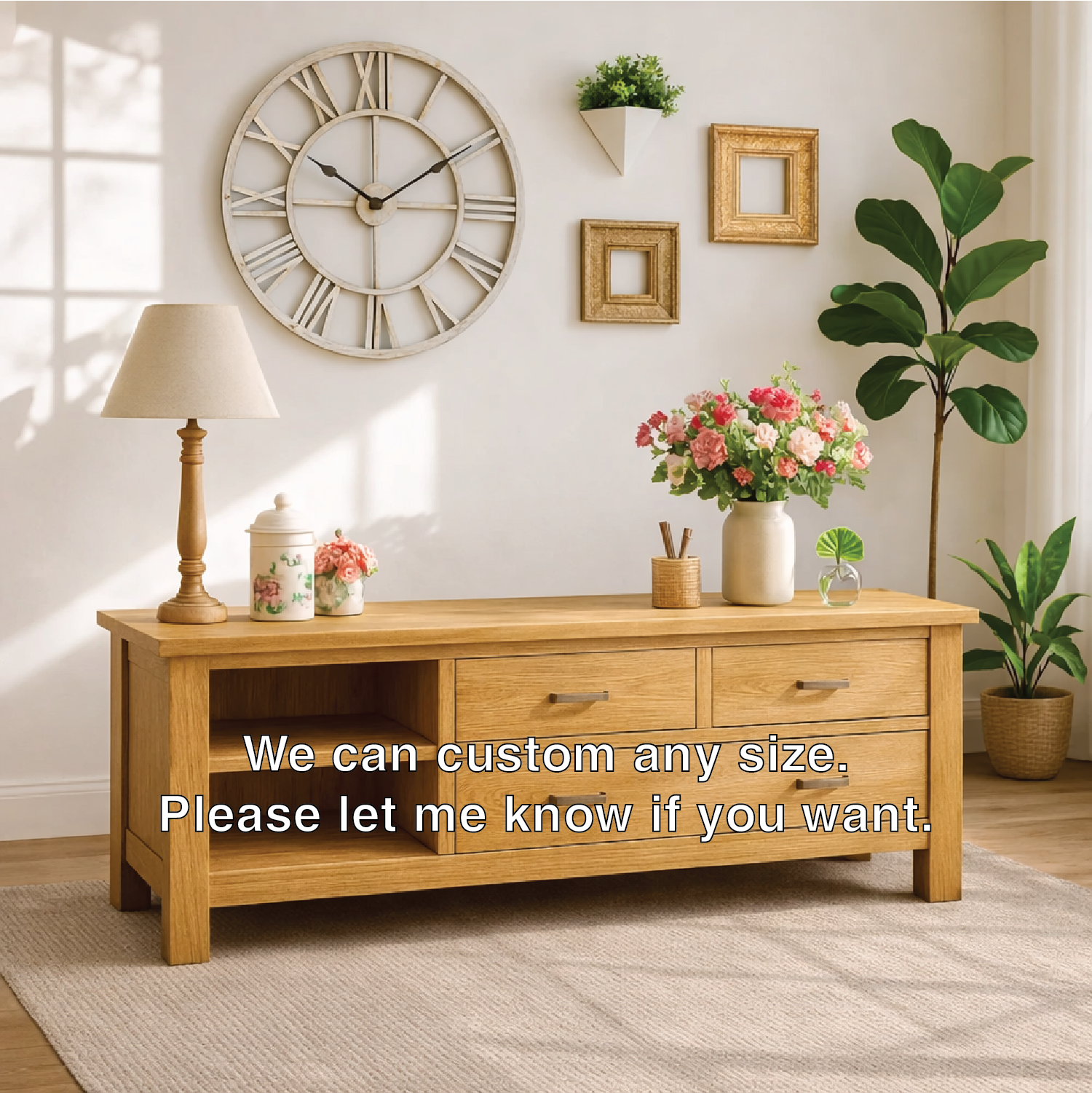 Solid Wood Console Table with Drawers, Farmhouse Wood Media Cabinet with Storage Kitchnce