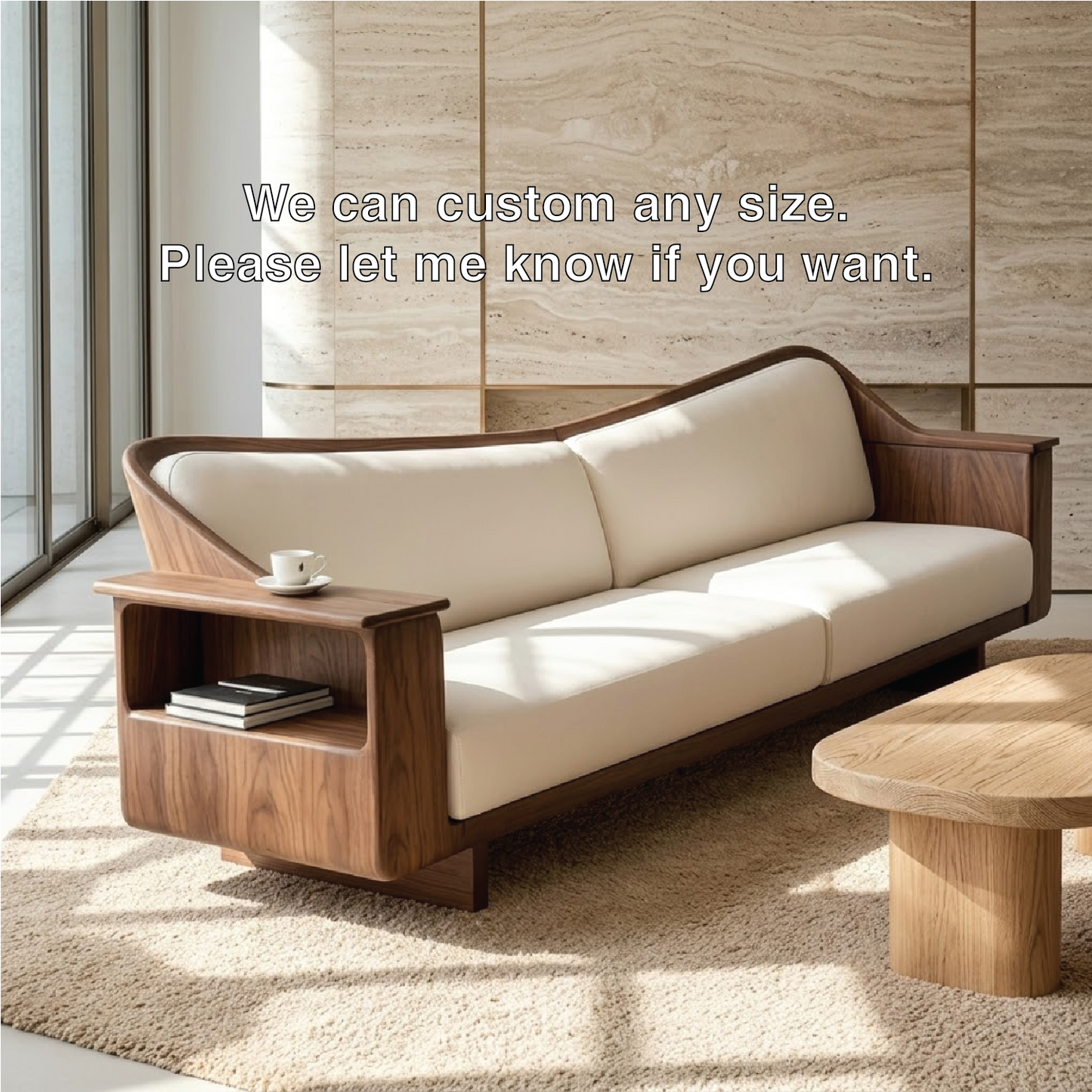 Modern Curved Solid Wood Sofa with Built-in Side Shelf White Leather Couch