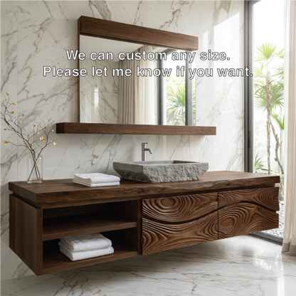 Modern Solid Wood Bathroom Vanity with Floating Storage and Sculpted Drawer Front