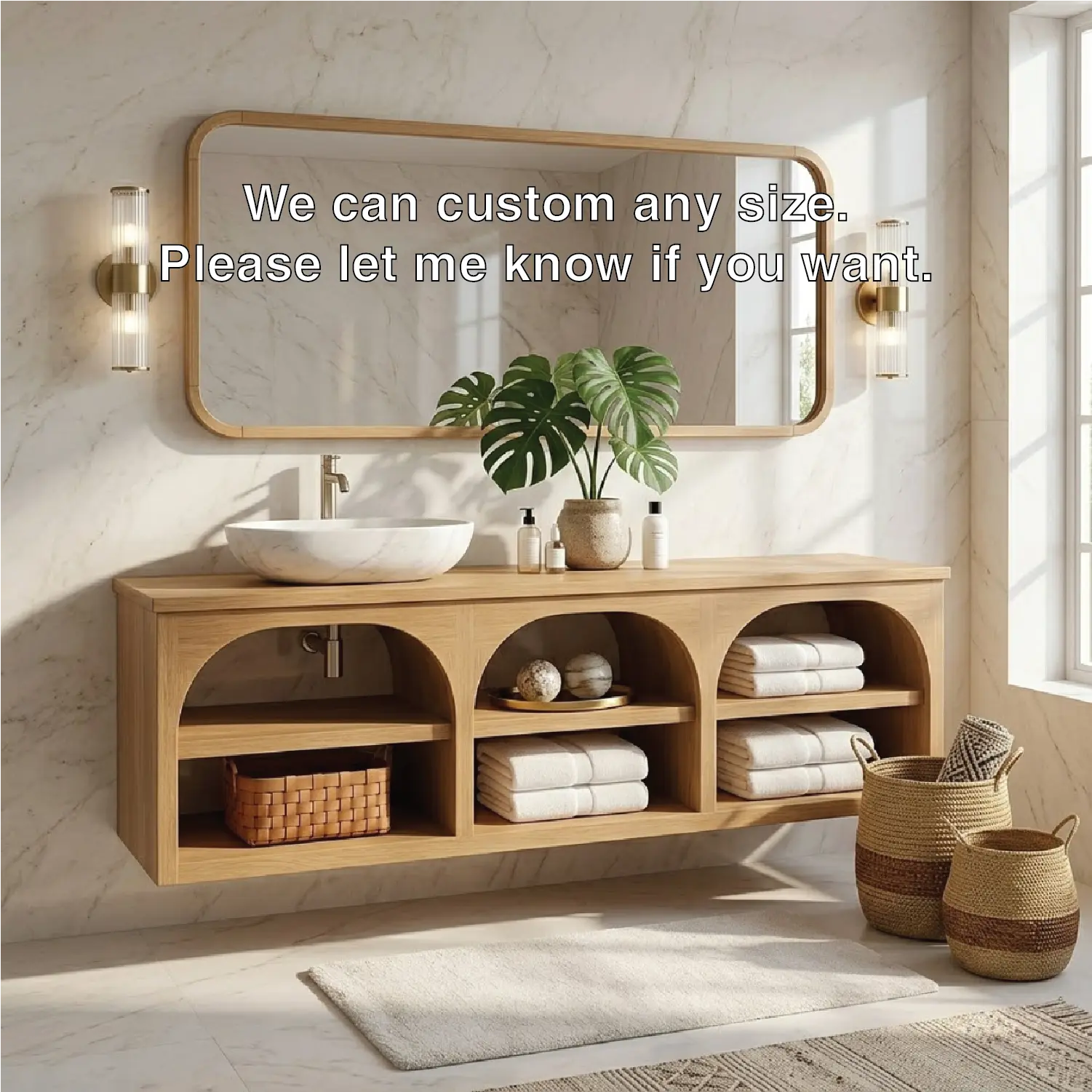 Floating Vanity with Natural Wood and Marble Sink, Open Shelf Storage Kitchnce