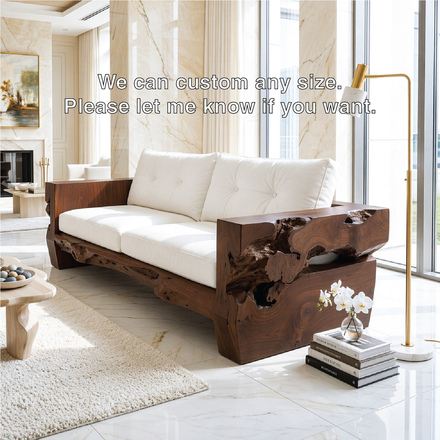 Contemporary Organic Wooden Sofa, Sculptural Luxury Lounge Couch with White Cushions