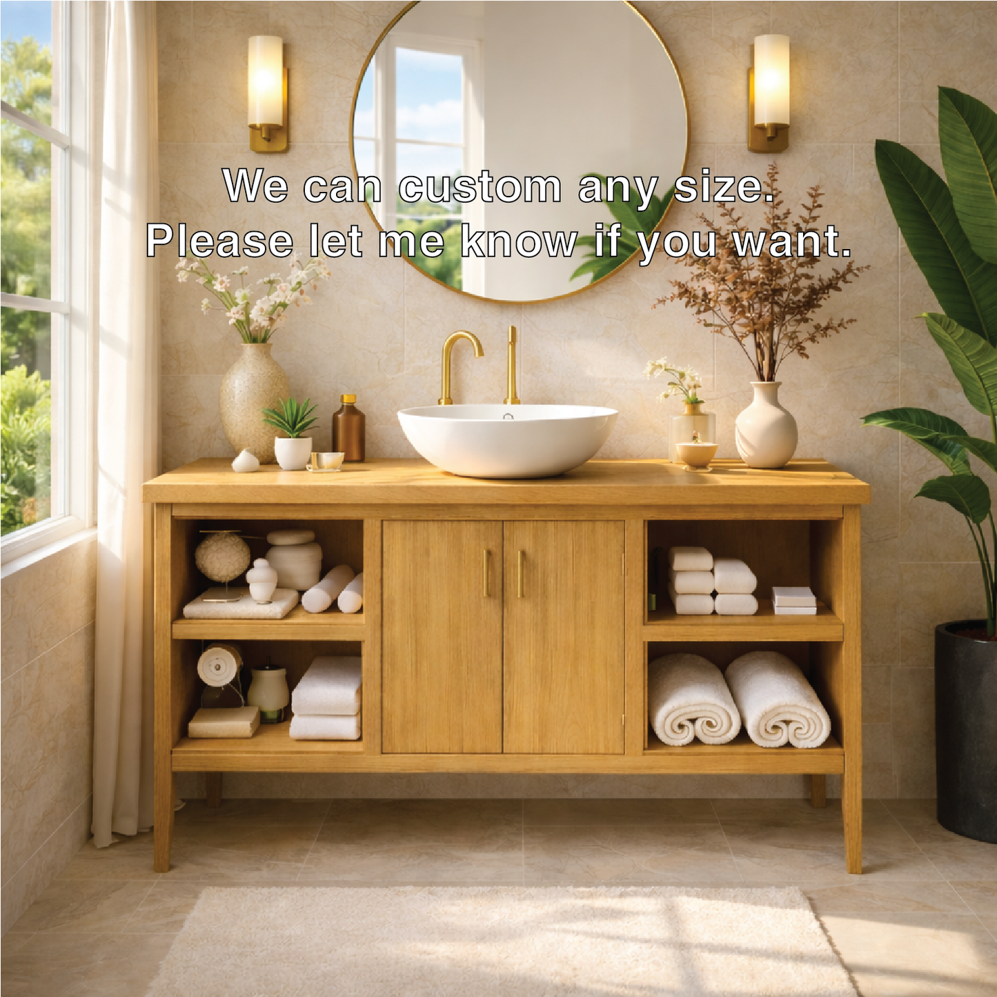 Sleek Wooden Bathroom Vanity with Open Shelving and Storage Kitchnce
