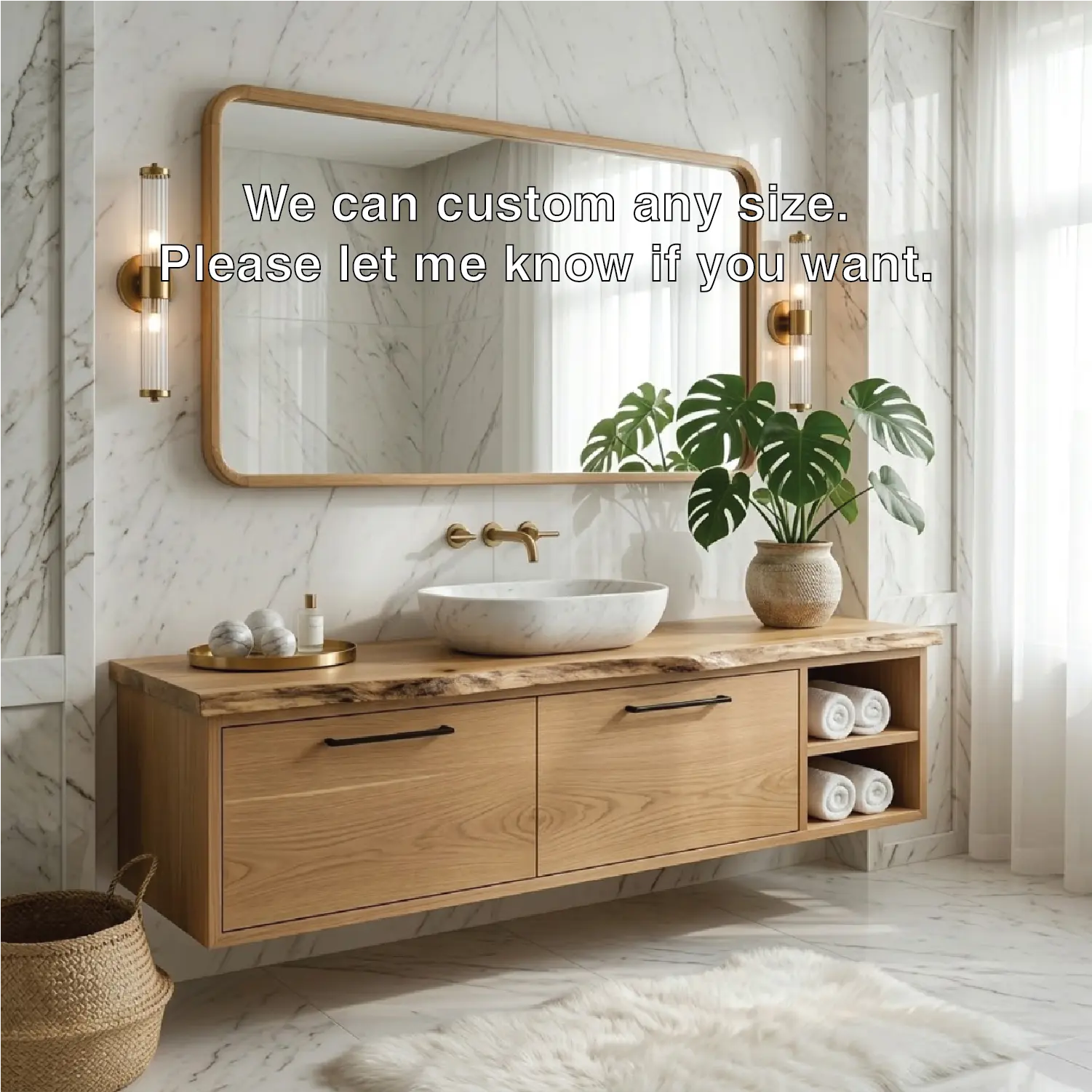 Floating Vanity with Natural Walnut Wood, Modern Sink, and Open Shelf Storage Kitchnce