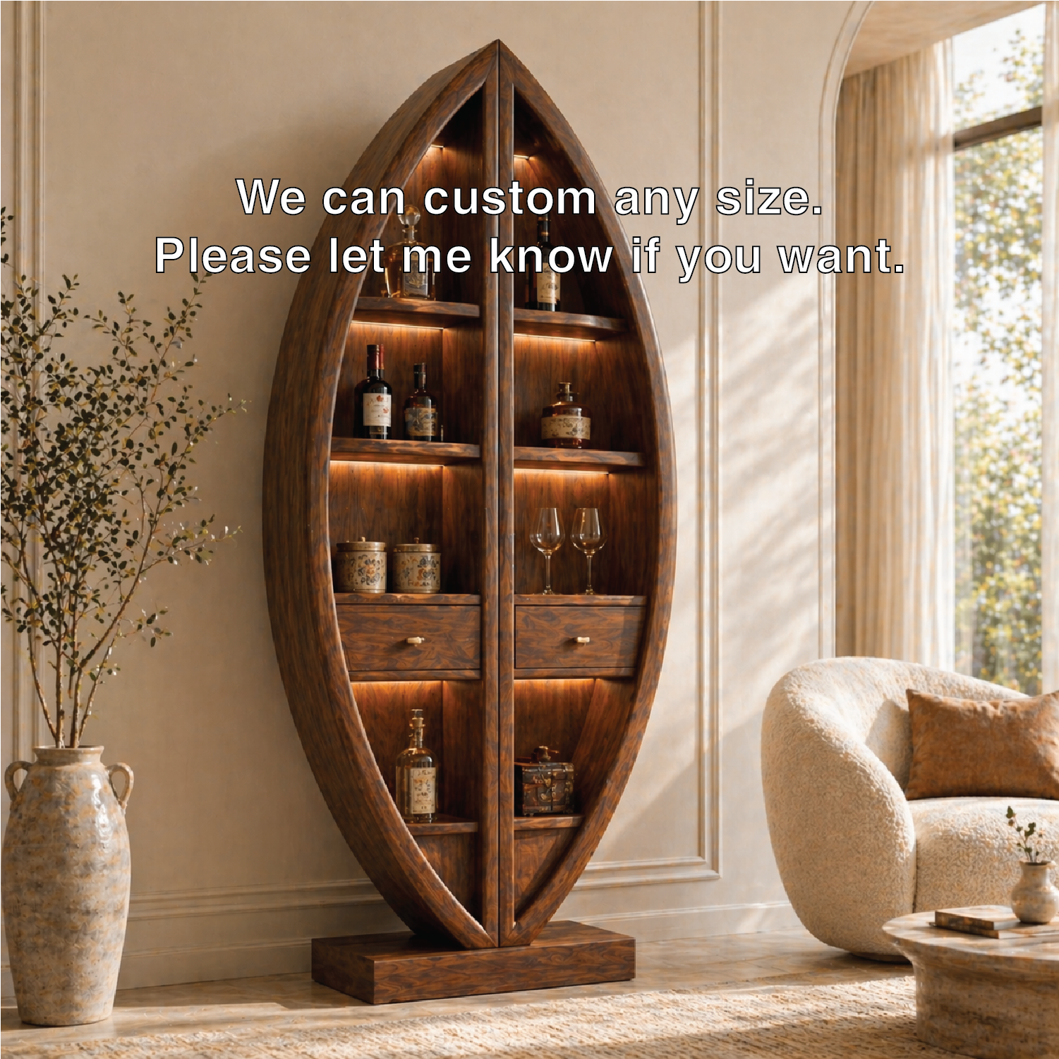 Sculptural Tall Wine Cabinet Freestanding Bar Storage Display Shelves With Drawers