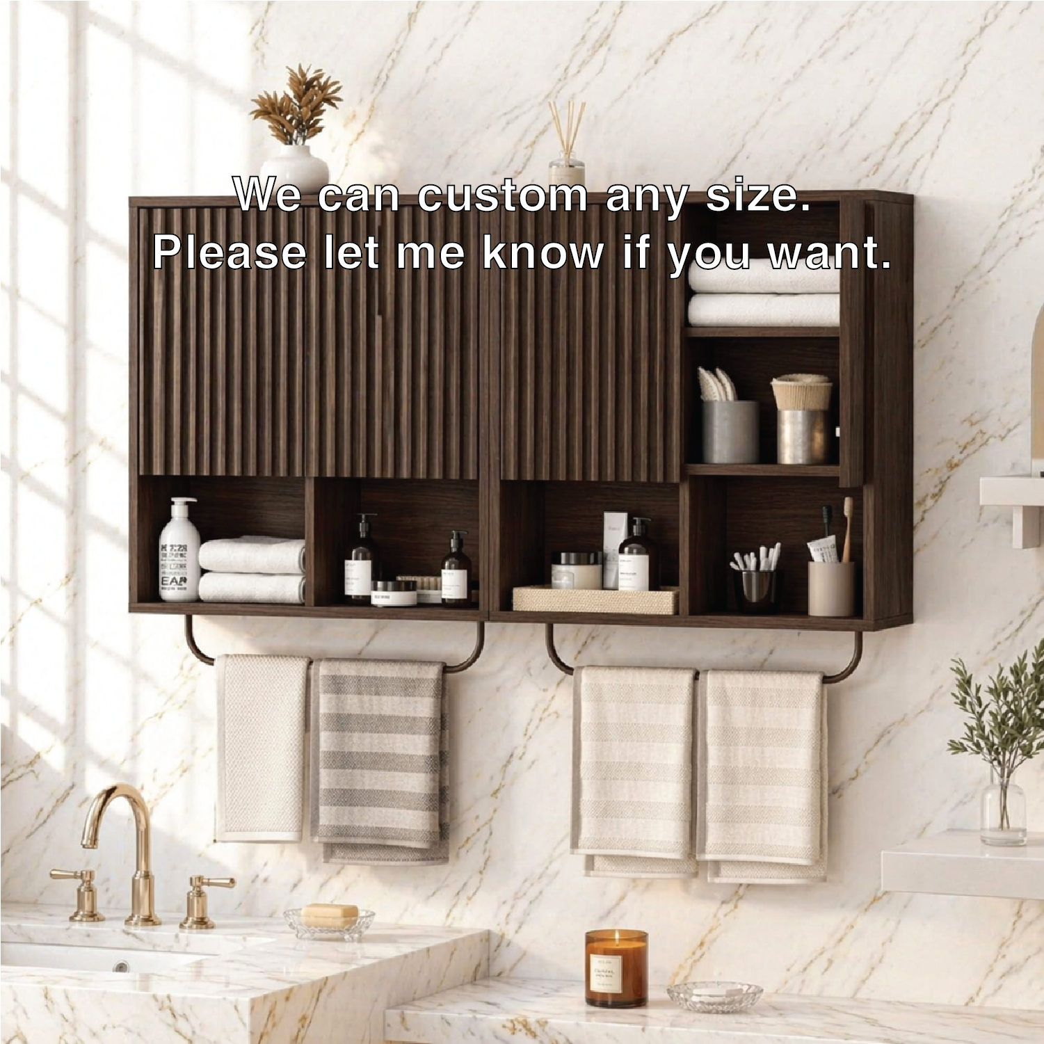 Floating Bathroom Cabinet, Modern Slatted Wall Mounted Vanity Storage Towel Bars