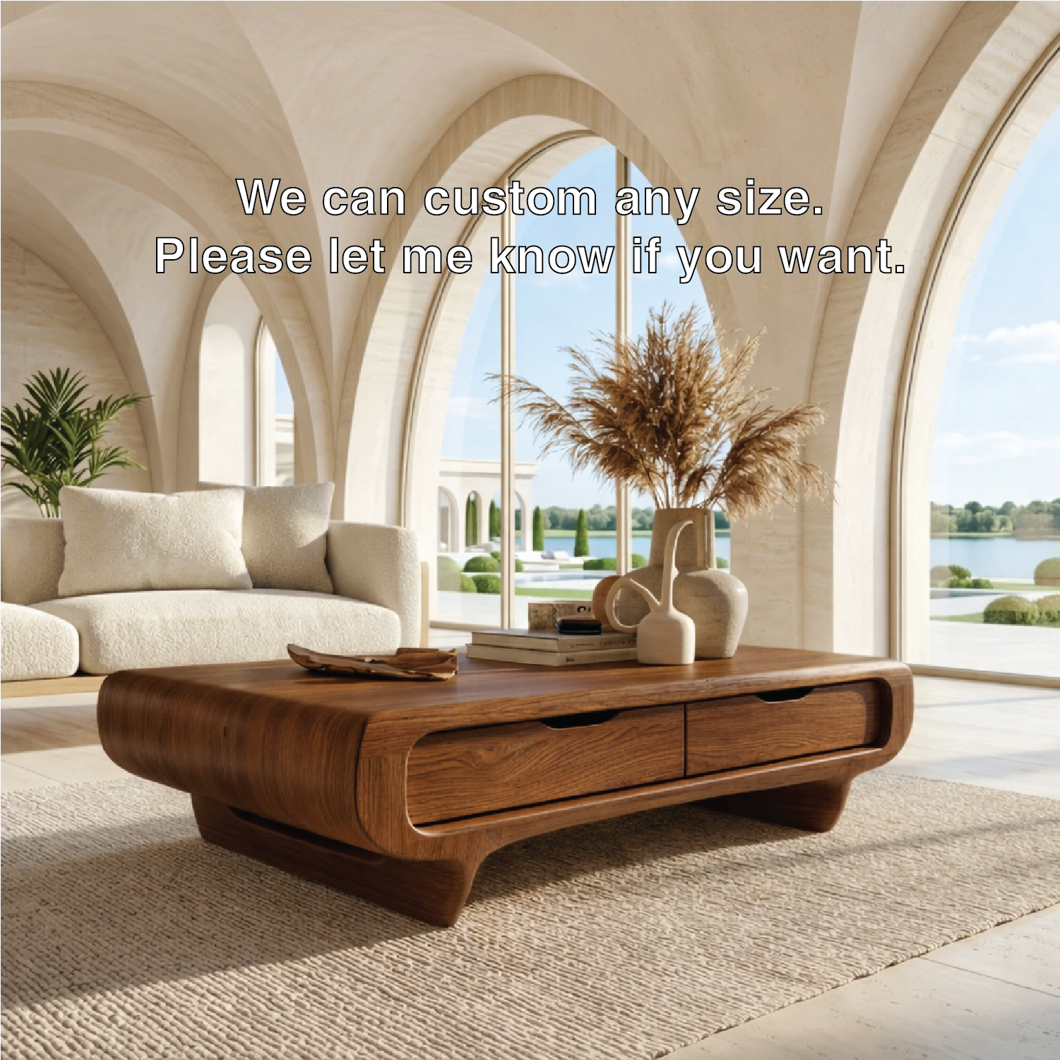 Modern Storage Coffee Table with Drawers, Rounded Minimalist Living Room Centerpiece