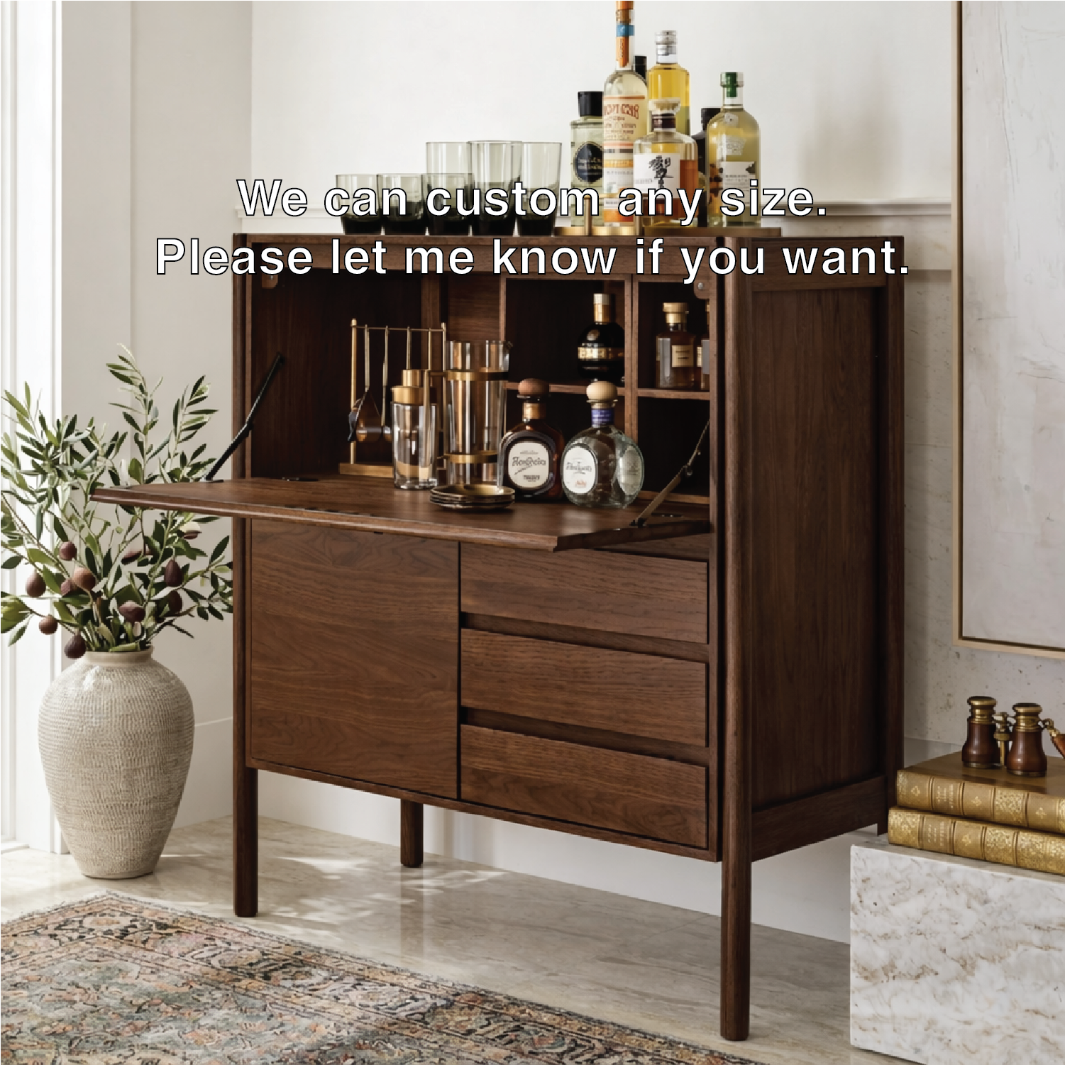 Mid Century Bar Cabinet, Fold-Down Cocktail Console with Glassware Bottle Storage