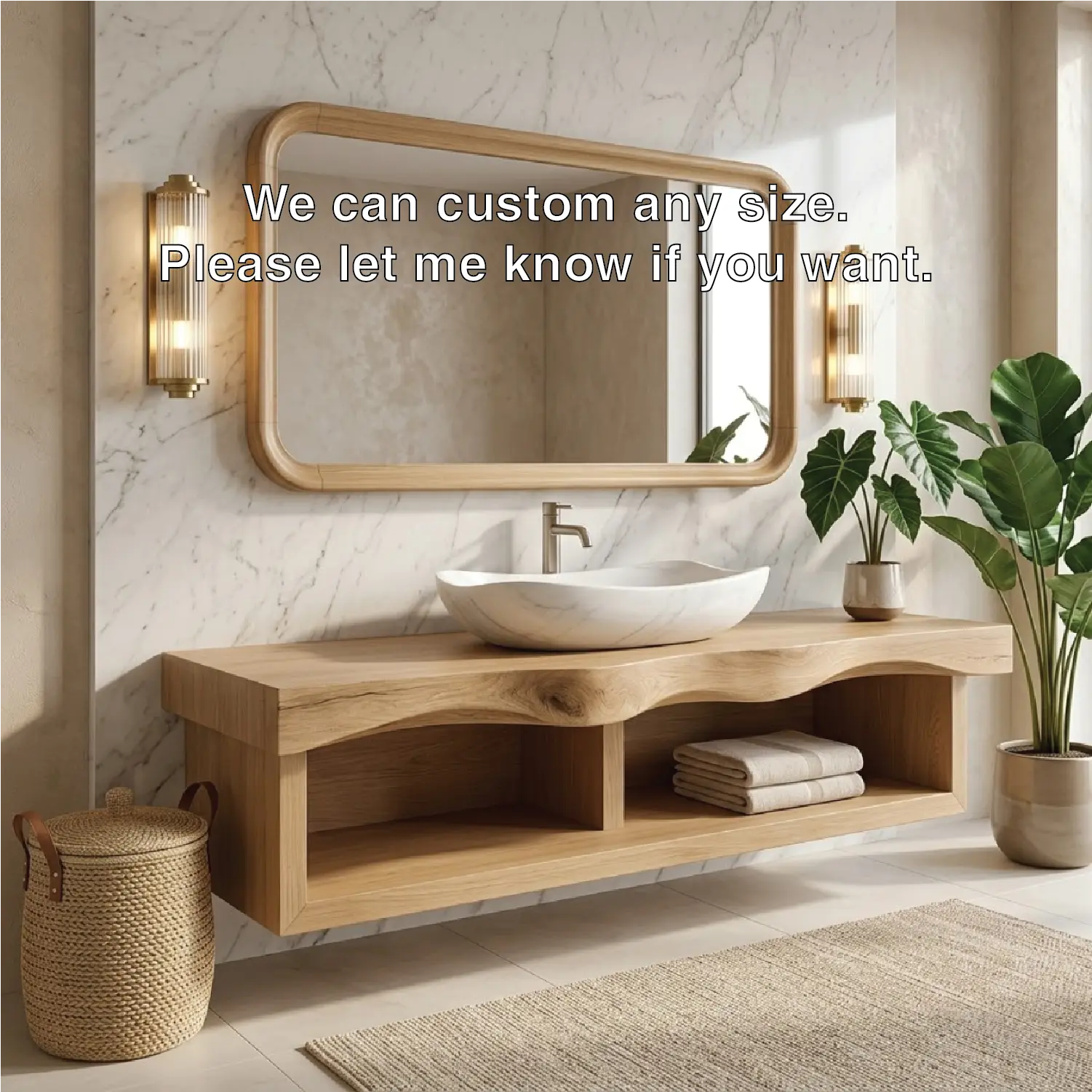 Floating Vanity with Natural Walnut Wood, Unique Curve Design and Open Shelf Kitchnce