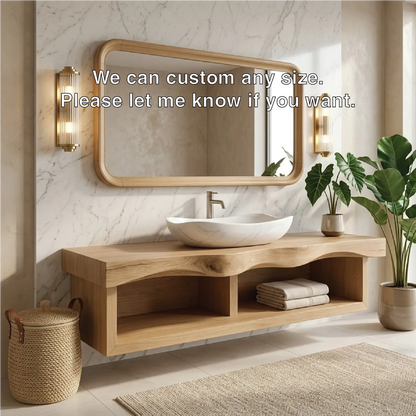 Floating Vanity with Natural Walnut Wood, Unique Curve Design and Open Shelf Kitchnce