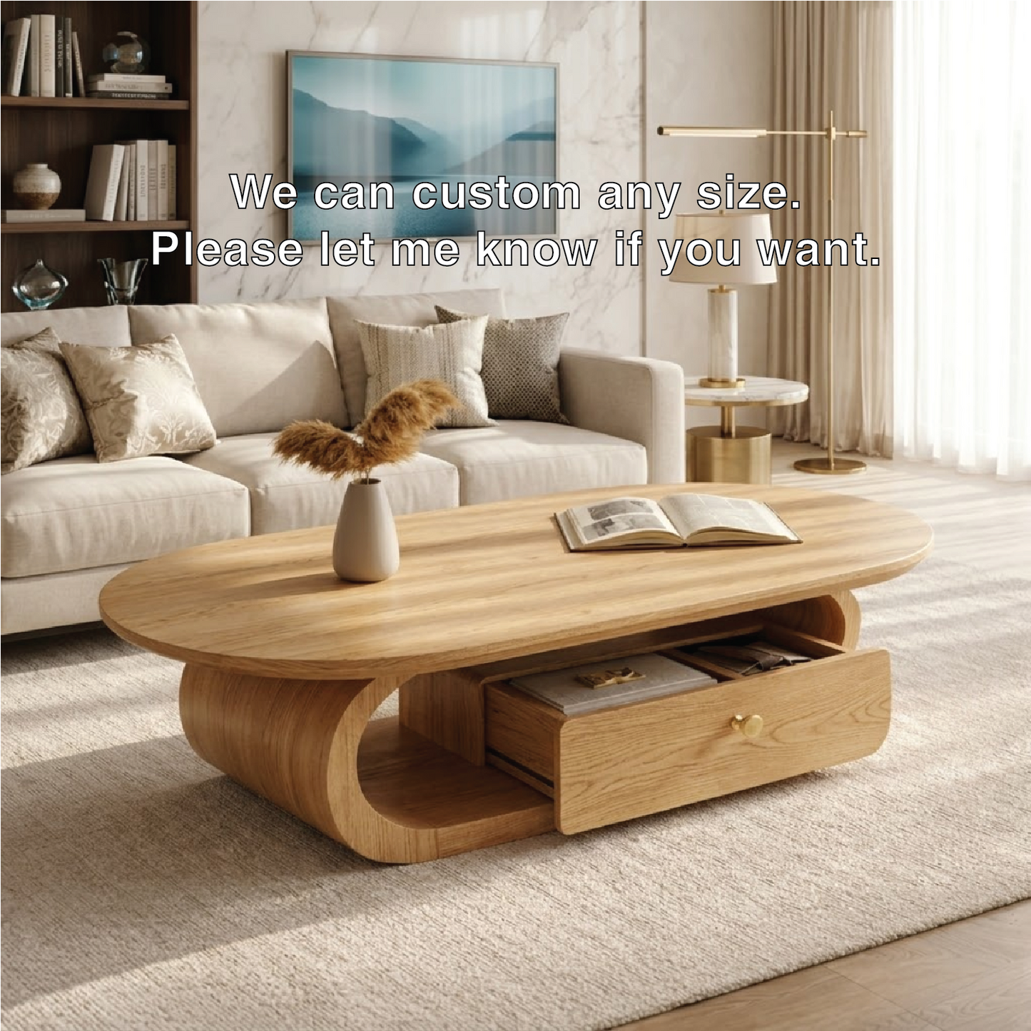 Wooden Coffee Table with Storage Drawer and Curved Modern Design
