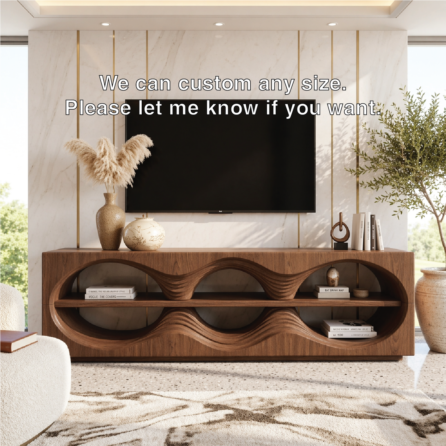 Sculptural Wave TV Console, Modern Entertainment Stand for Elegant Home Interiors