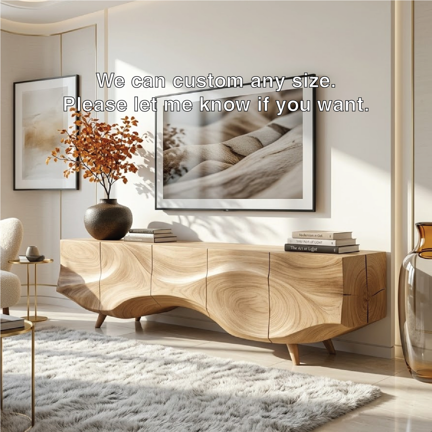 Solid Wood TV Stand, Sculpted-Wave Modern Media Console Cabinet for Living Room